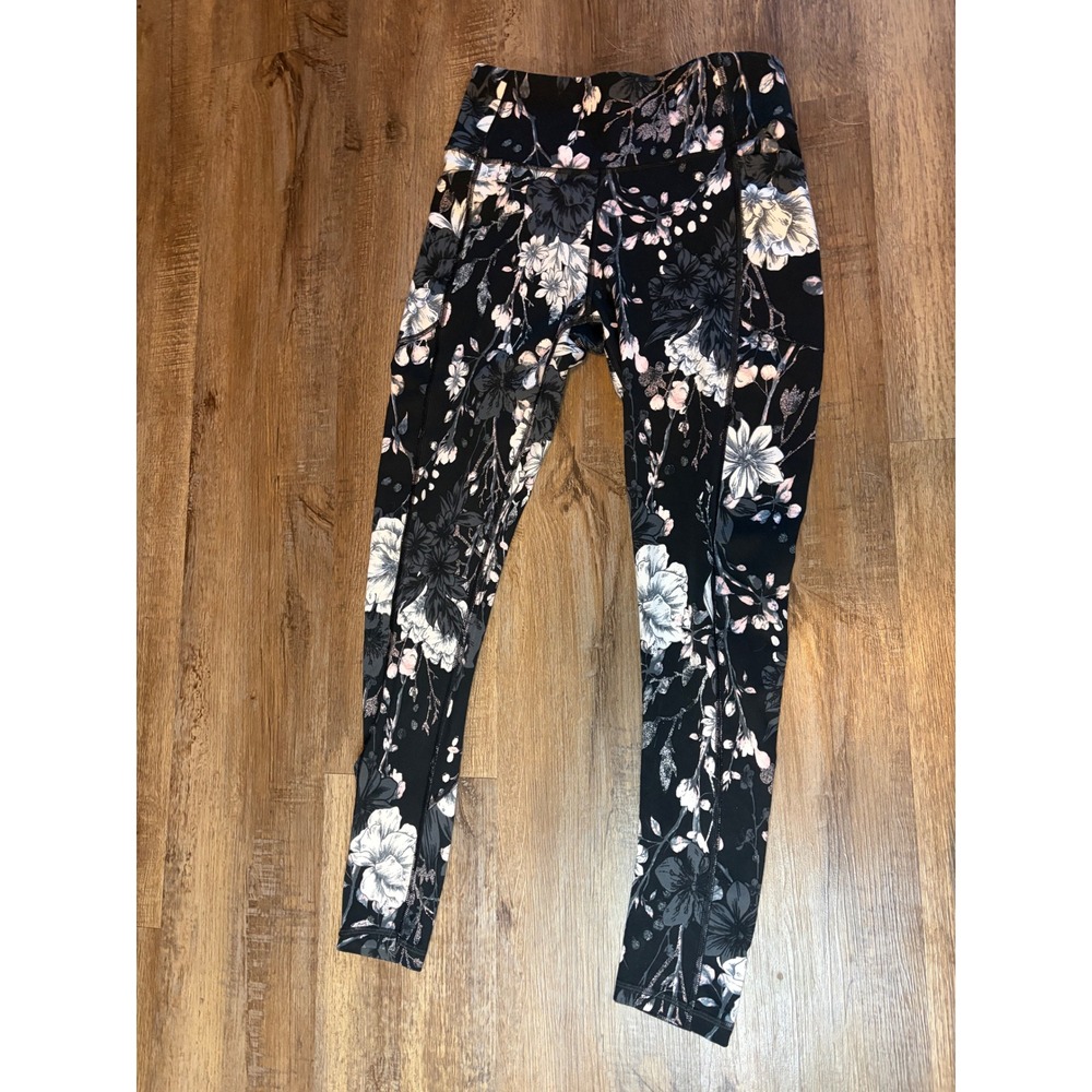 Floral High Waisted Athletic Leggings with Side Pockets Black White Pink size 8